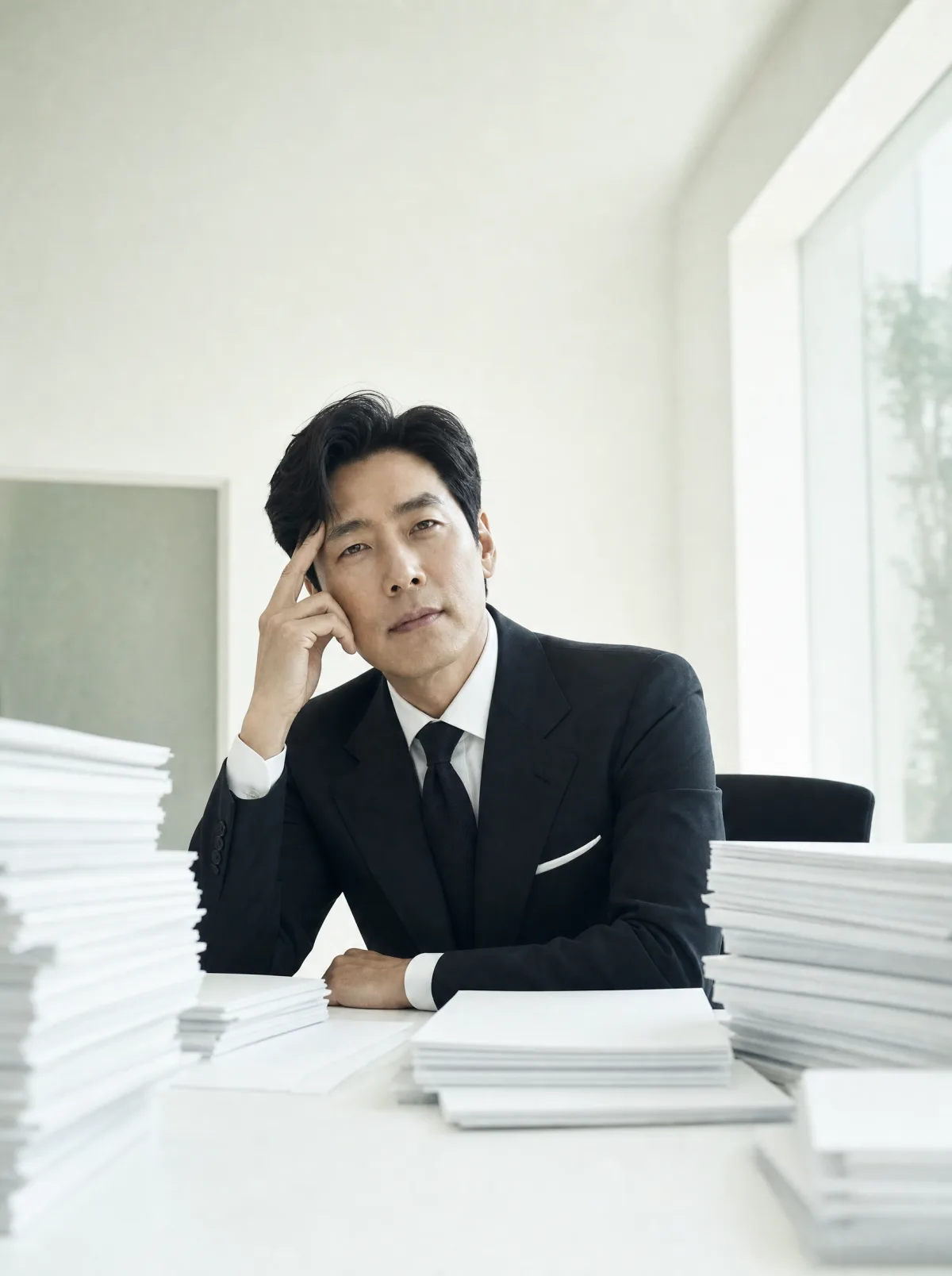 서류 더미에 둘러싸여 야근하는 사장