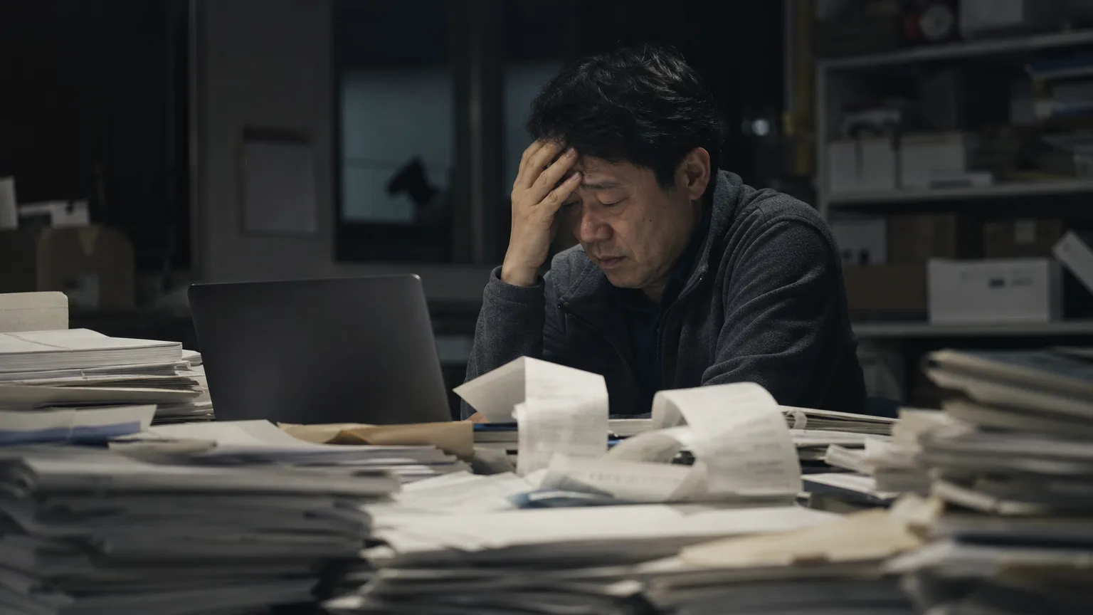 서류 더미에 둘러싸여 야근하는 사장