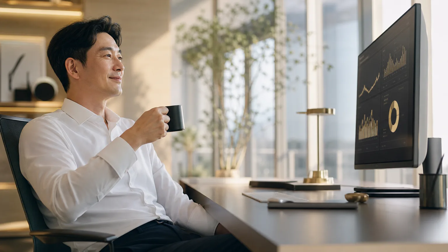 여유롭게 대시보드를 확인하는 사장