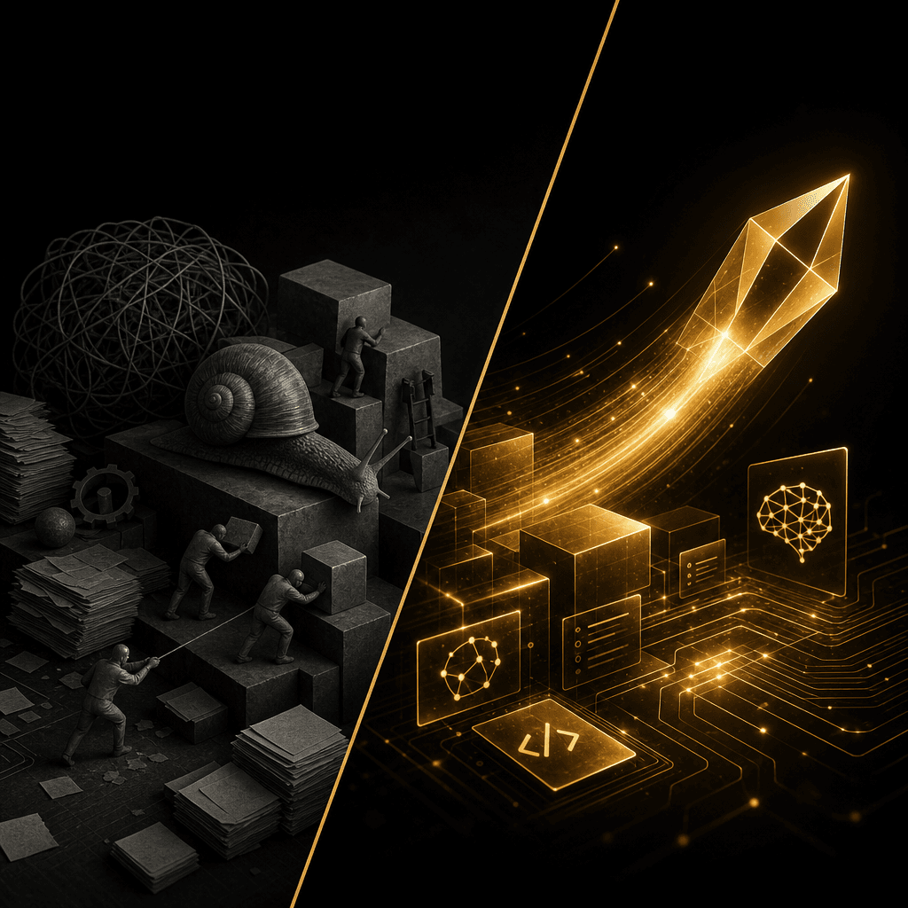 Visual contrasting slow traditional outsourcing with fast AI-native development
