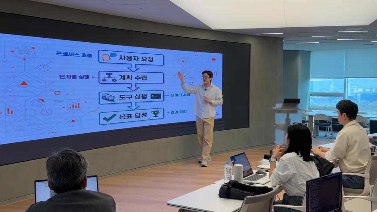 Instructor explaining AI automation process flow diagram