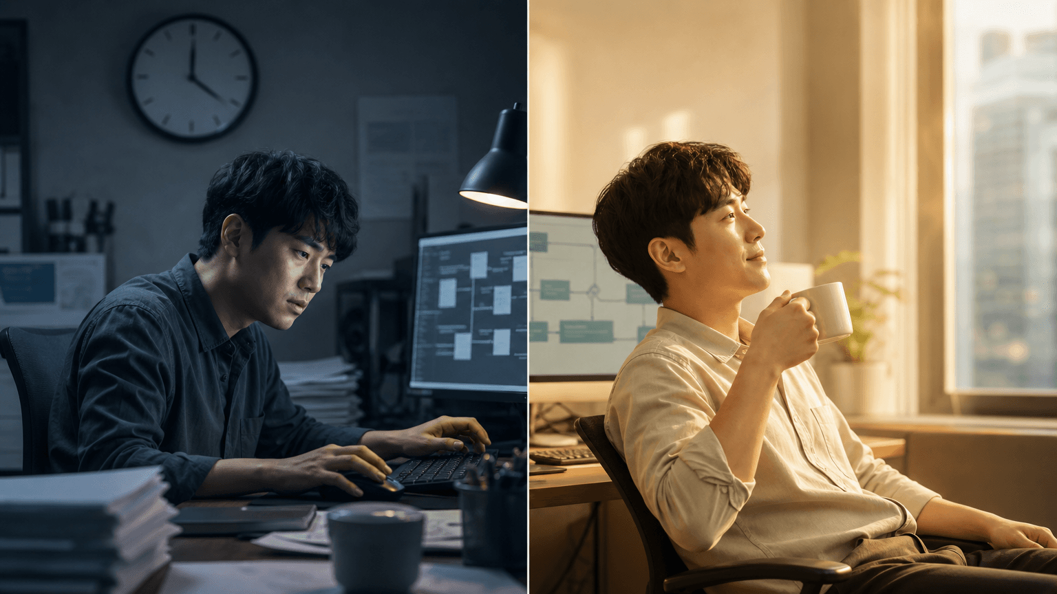 반복 업무 삭제 — Before/After: 사람이 하던 업무를 AI AGENT가 대체하는 시각화