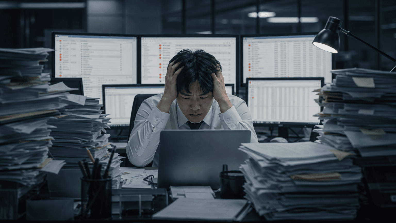 반복 업무에 압도된 직장인 — 알림과 서류에 묻혀있는 장면